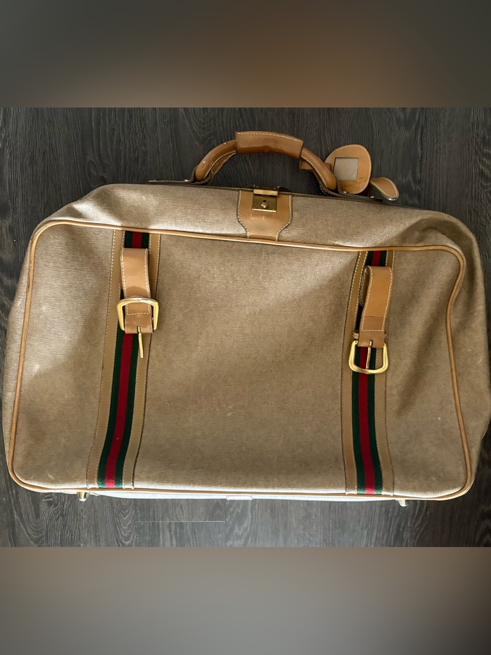 Gucci carry on Leather-Trim Beige Wool Travel Bag Green-Red Stripe